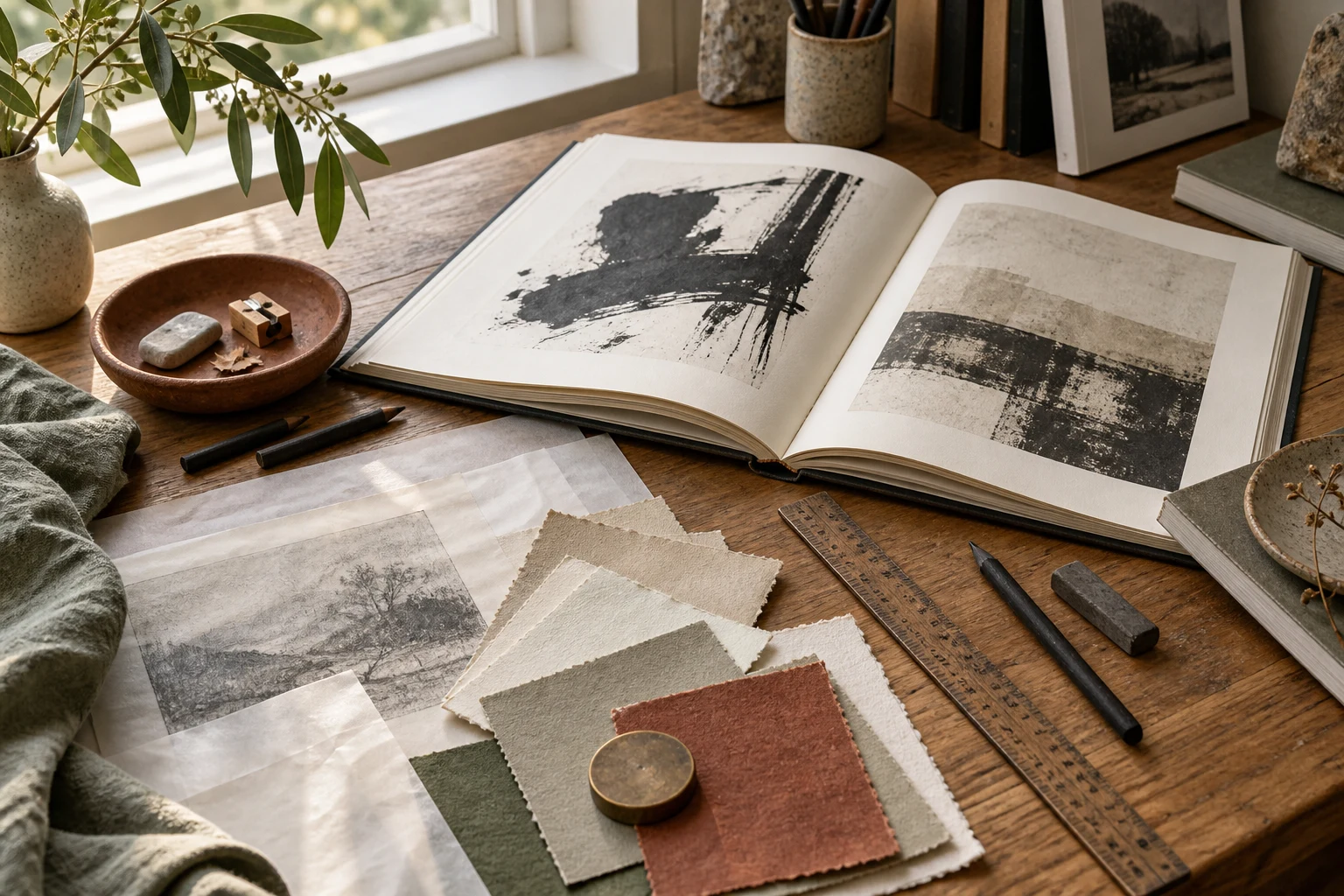 Art books, paper swatches and drawing tools on a studio table