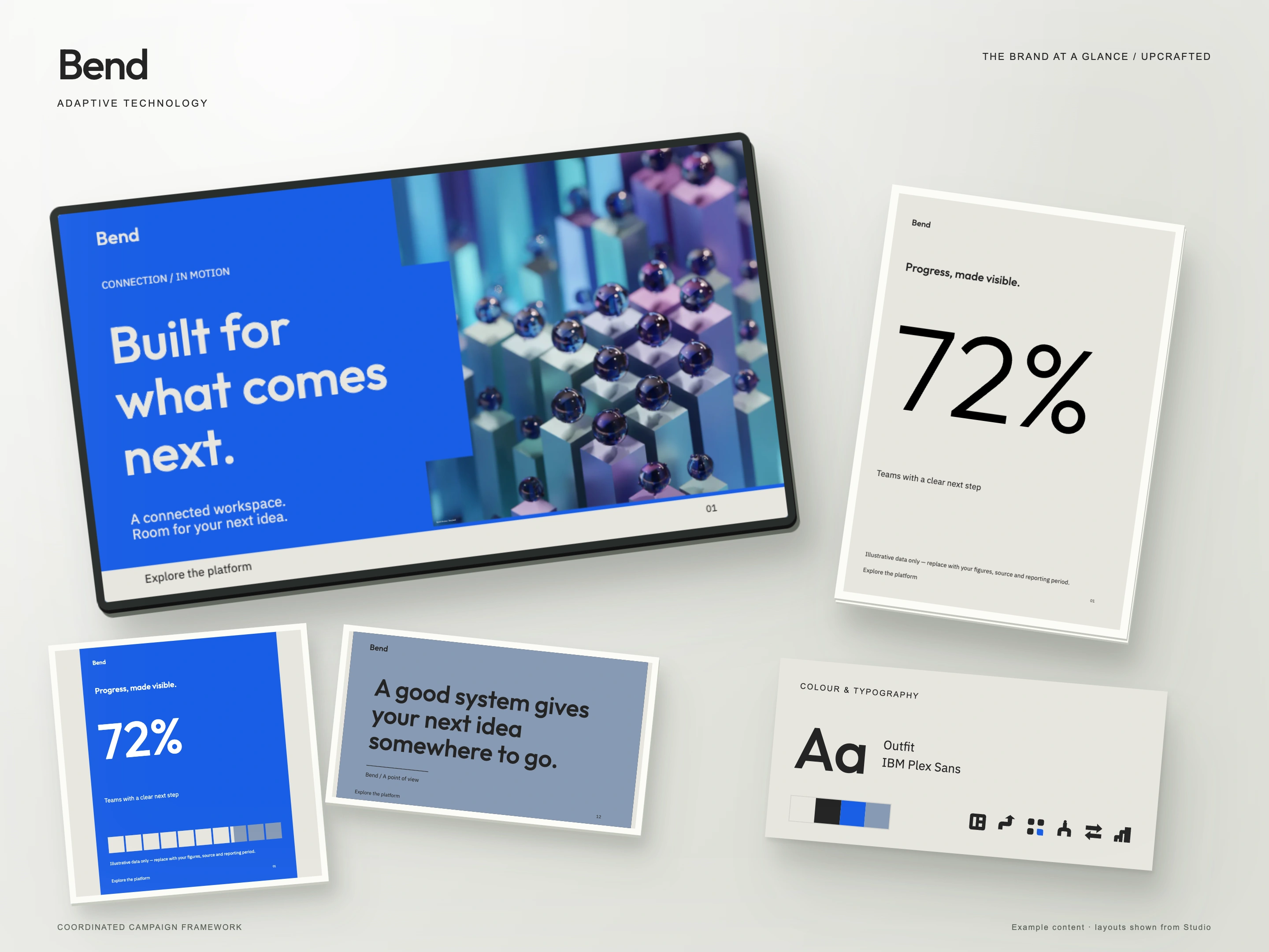 Bend brand overview showing presentation, social and print layouts, colour palette, typography and icons.
