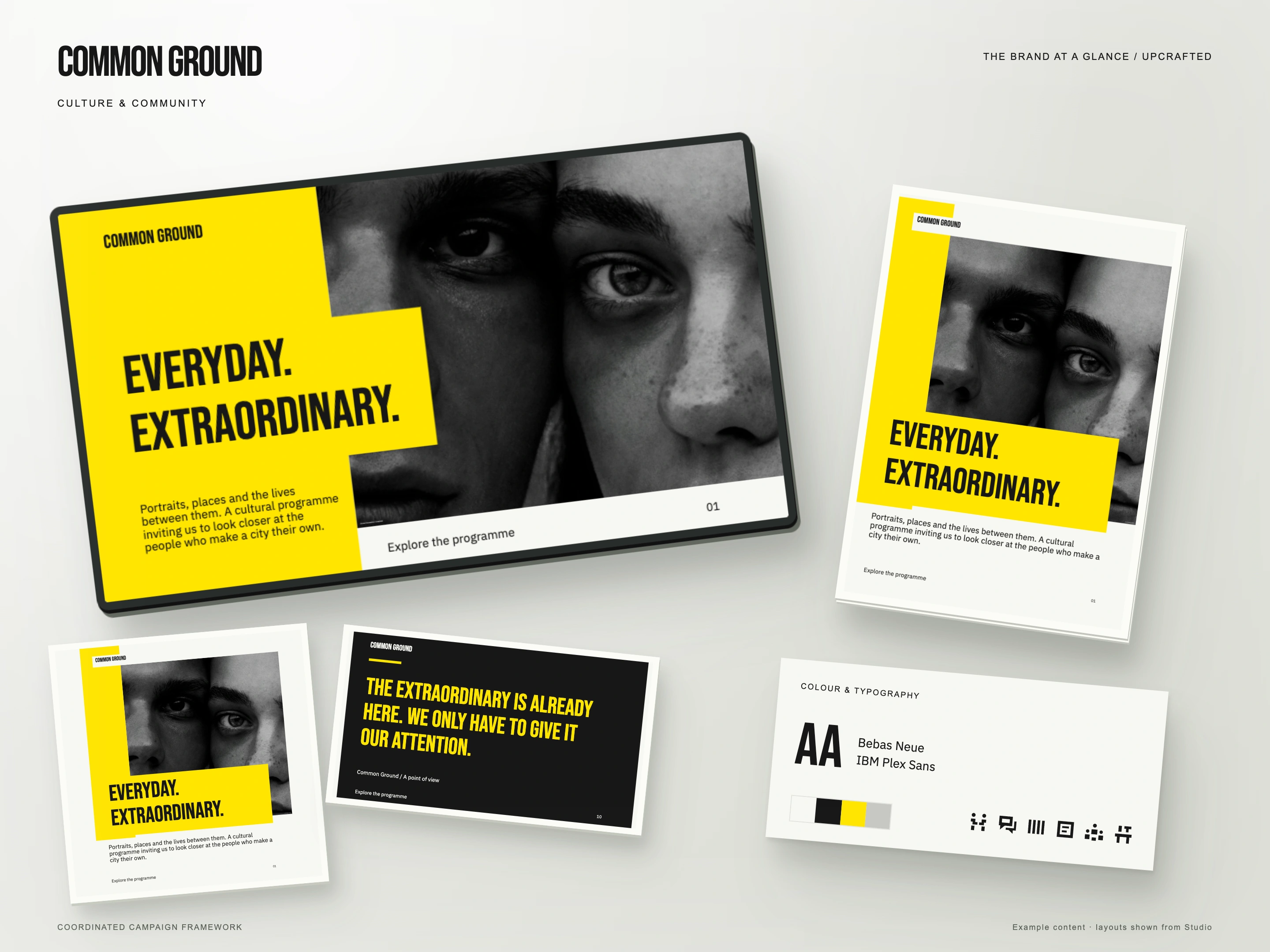 Common Ground brand overview showing presentation, social and print layouts, colour palette, typography and icons.