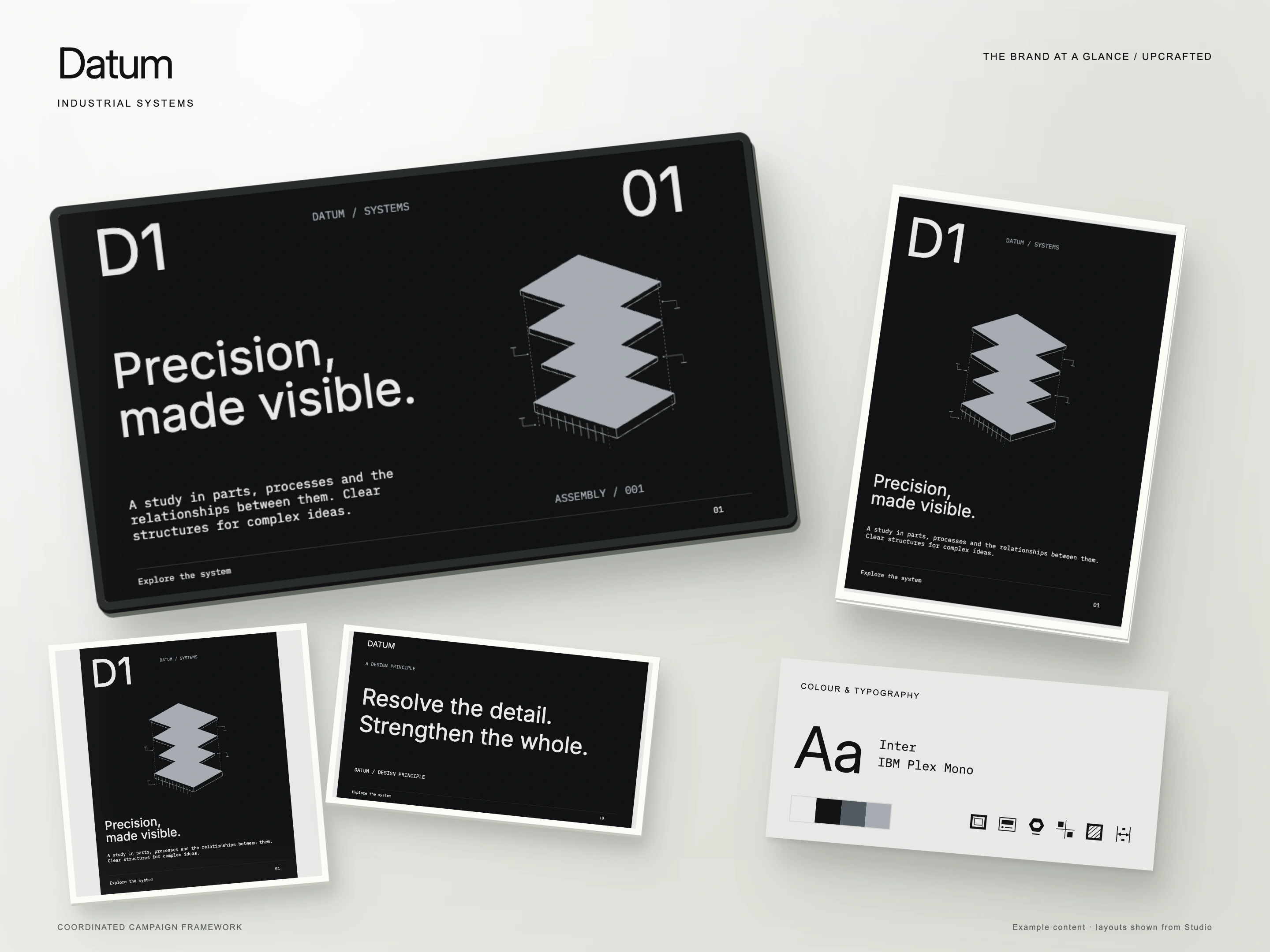 Datum brand overview showing presentation, social and print layouts, colour palette, typography and icons.