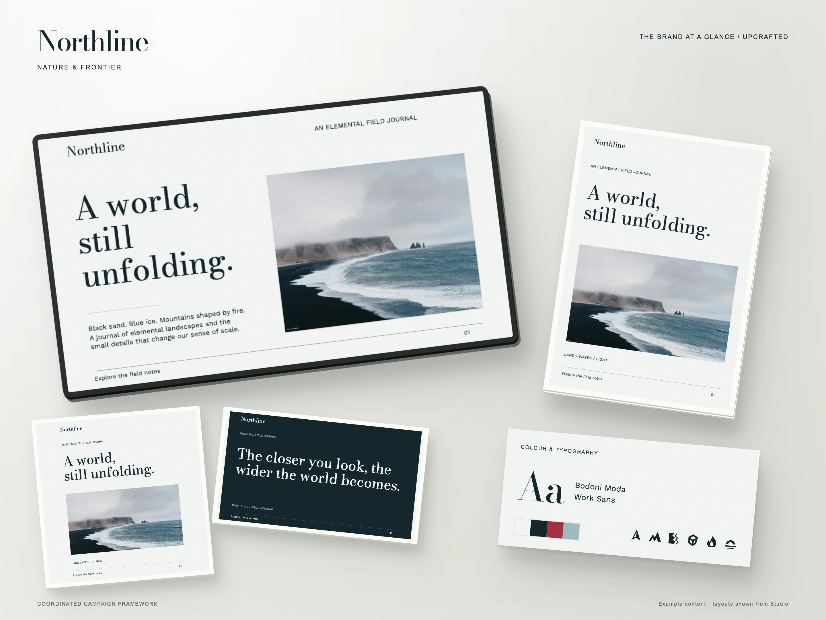 Northline brand overview showing presentation, social and print layouts, colour palette, typography and icons.