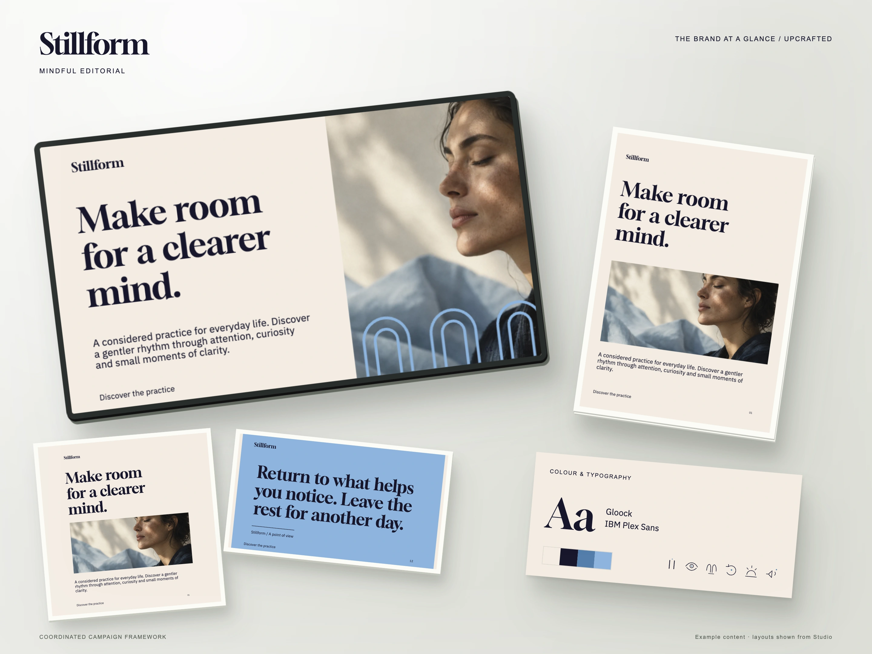 Stillform brand overview showing presentation, social and print layouts, colour palette, typography and icons.