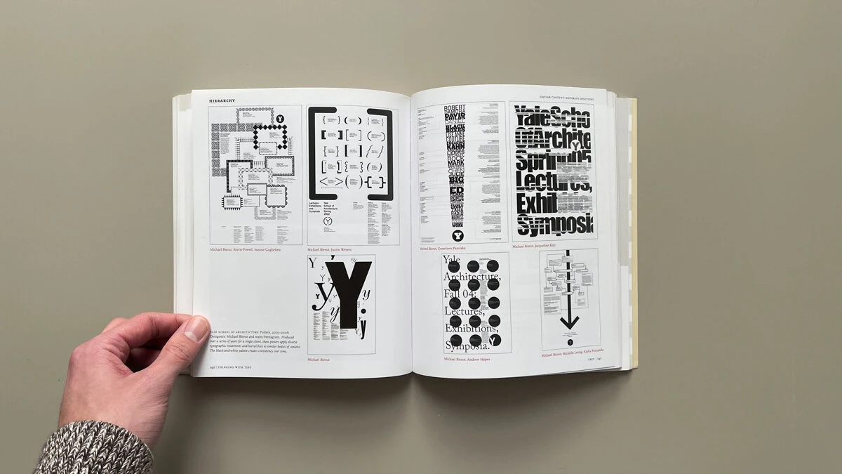 An open spread from Thinking with Type showing typography and layout examples. Photograph by Zachary Faust / Bibliografik.