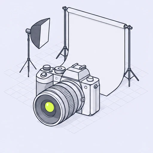 Illustration of a camera, softbox, and studio backdrop
