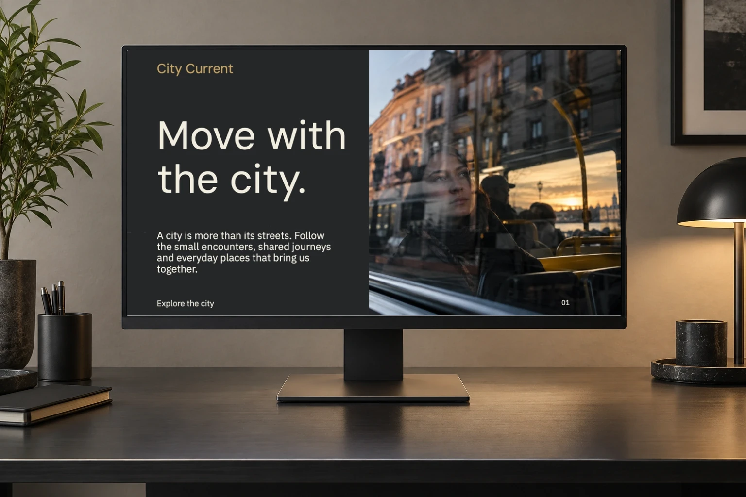 Desktop / warm workspace featuring City Current