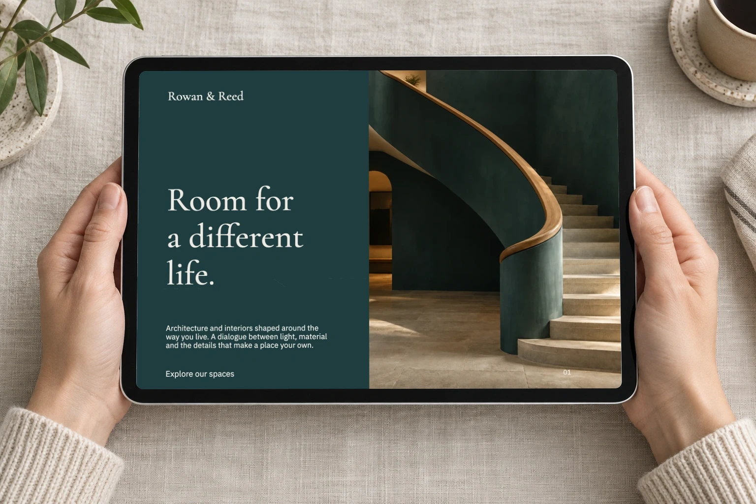 Tablet / held over linen featuring Rowan & Reed