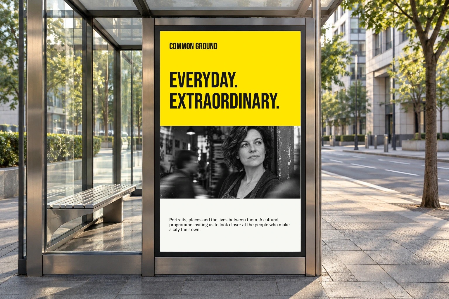 Bus shelter featuring Common Ground